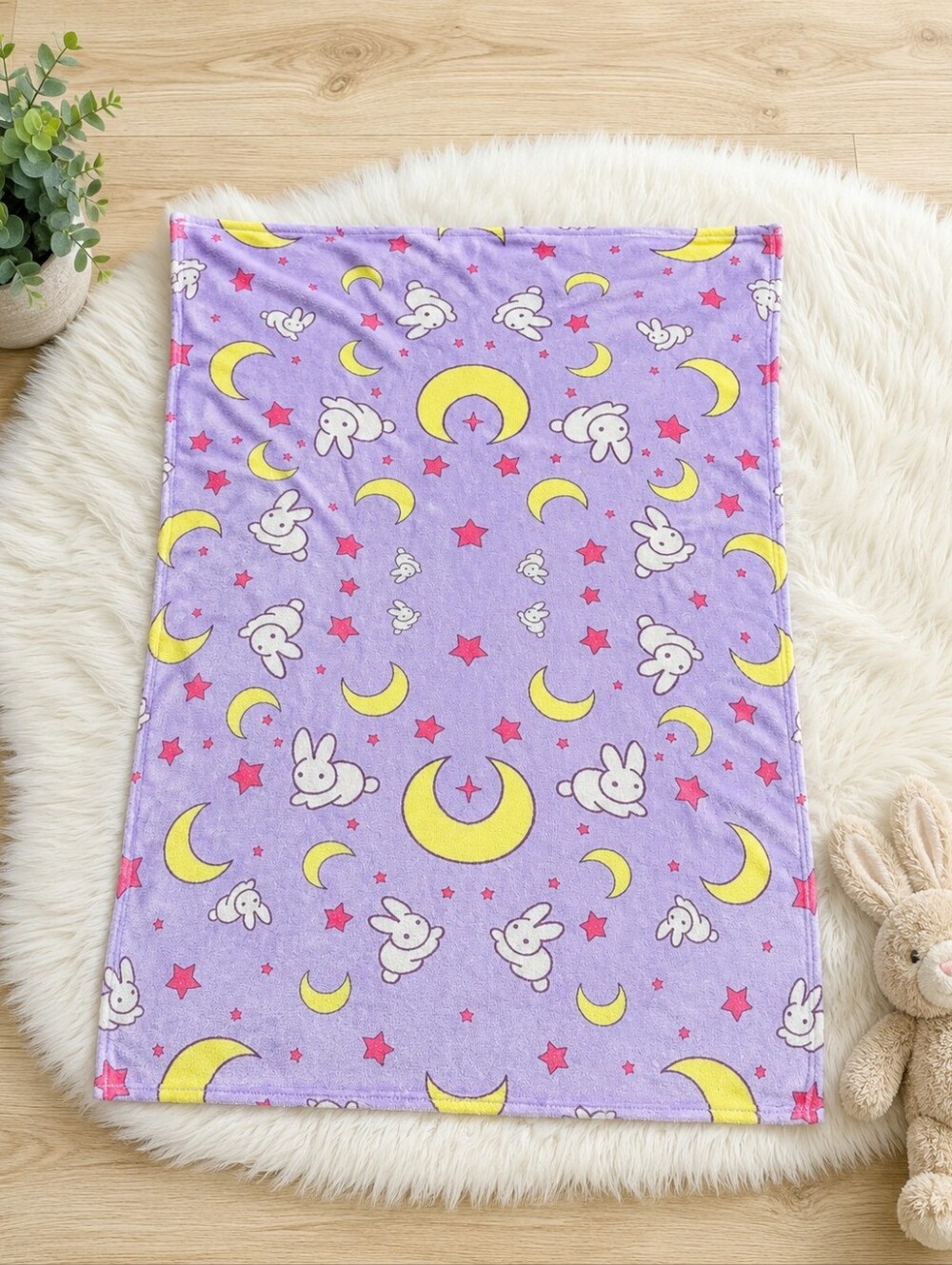 Purple Bunny Moon & Stars Baby Crib Throw Blanket 40" x 27" Like New